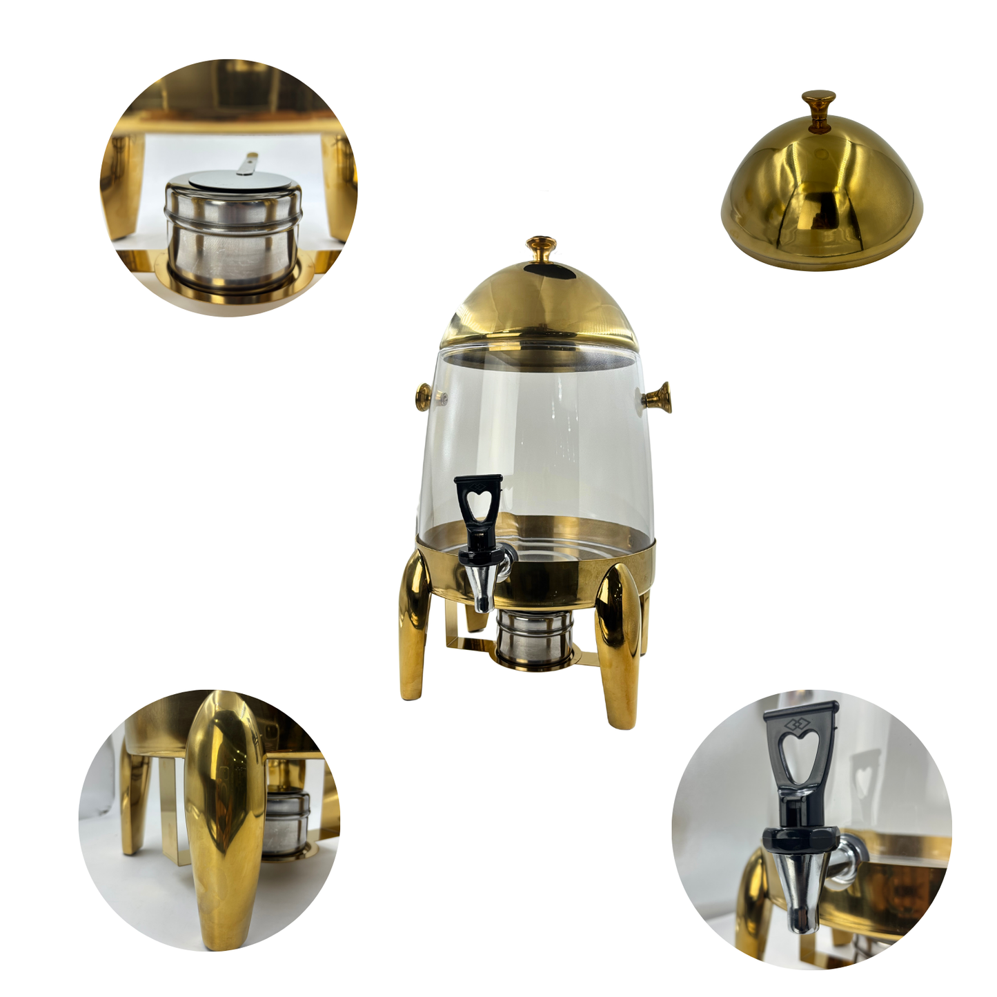 Gurubhai Equipments Glass Beverage Dispenser with Gold Stand, 10Liter, Gurubhai Equipments Glass Beverage Dispenser with Gold Stand