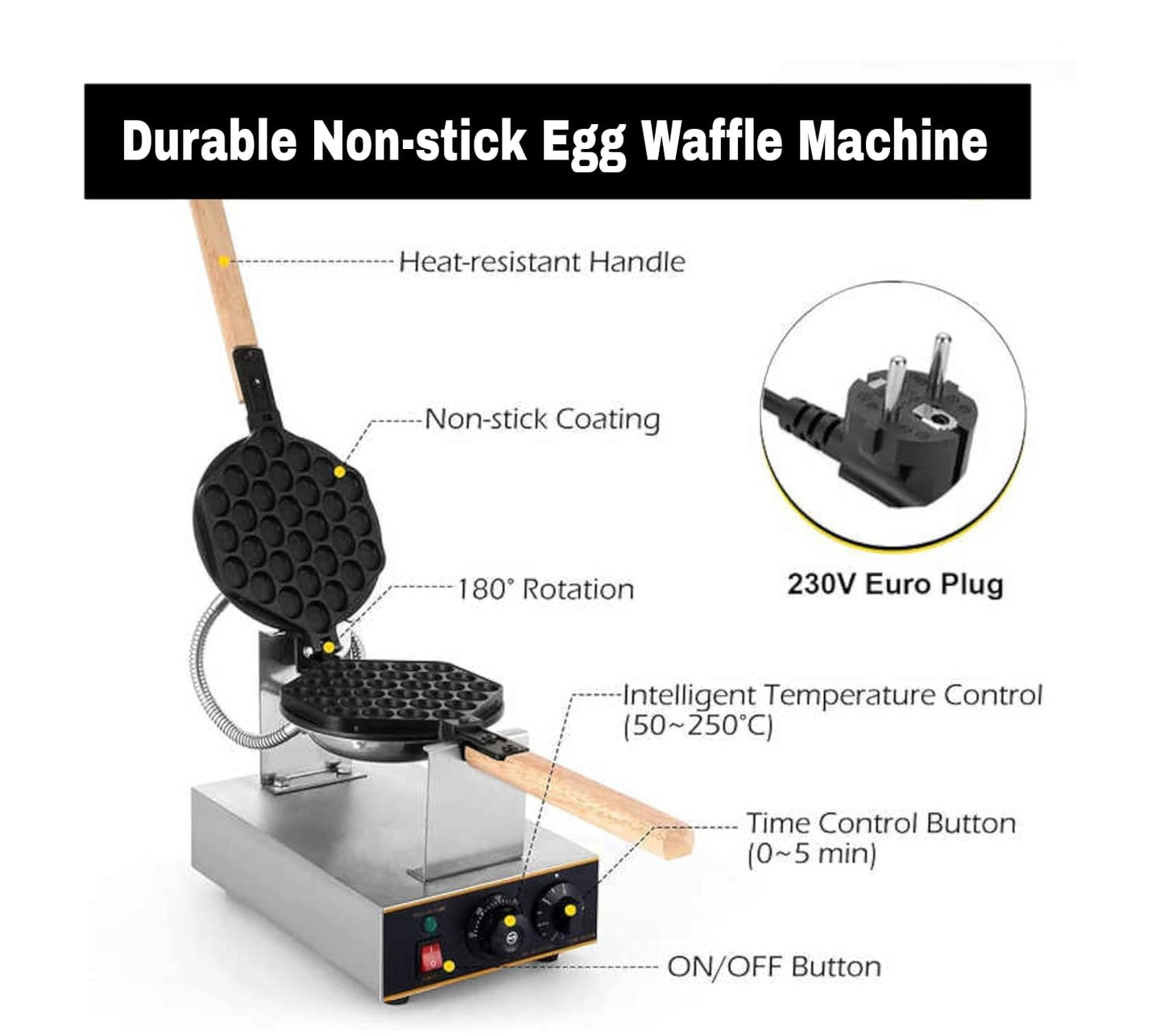 Gurubhai Equipments Commercial Electric Bubble Waffle Maker – 1400W Non-Stick Egg Waffle Machine with Adjustable Temperature & Countdown Timer | Waffle Maker for Café, Bakery & Food Stalls