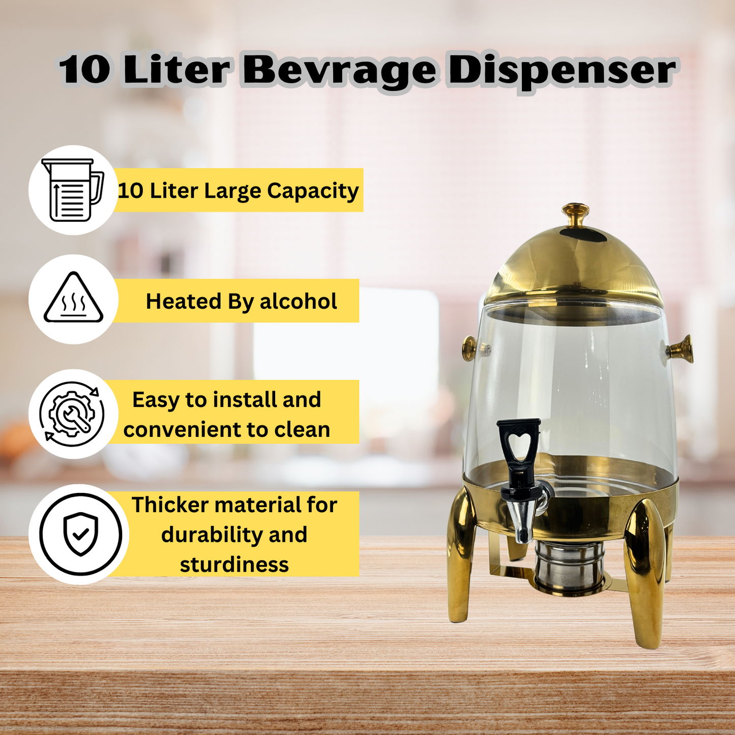 Gurubhai Equipments Glass Beverage Dispenser with Gold Stand, 10Liter, Gurubhai Equipments Glass Beverage Dispenser with Gold Stand
