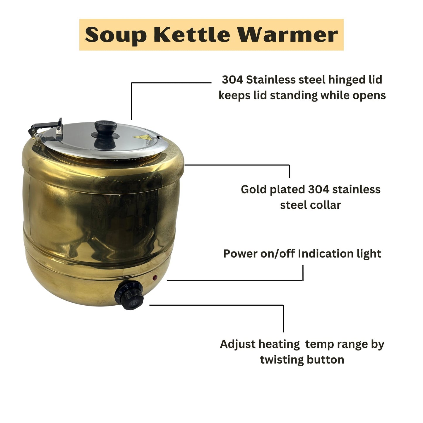 Gurubhai Equipments Electric Golden Soup Kettle Warmer, 10 Liter, Soup Warmer, Golden Soup Tureen for Catering, Restaurants and Buffets Businesses, Ideal for Keeping Soups and Stews Warm