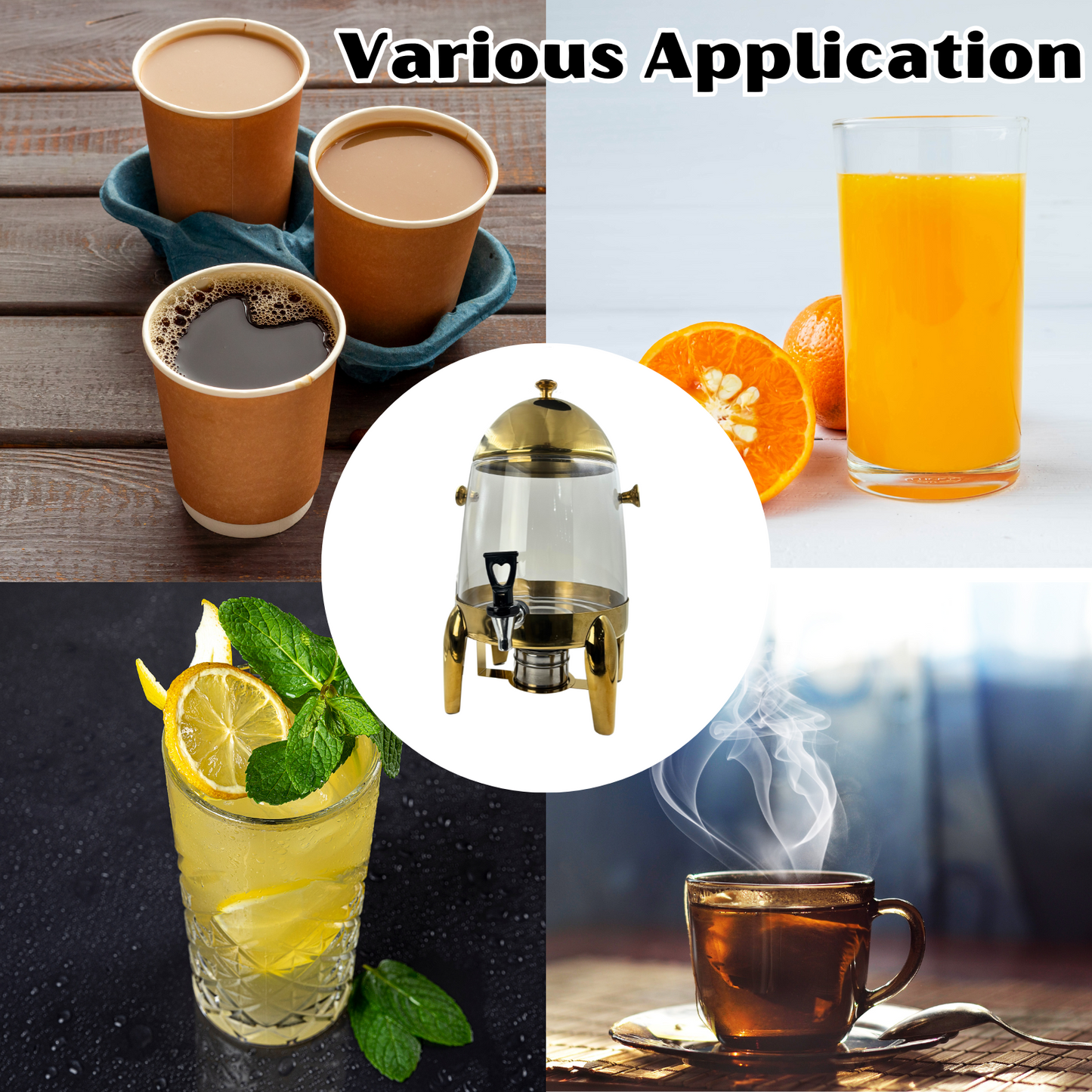 Gurubhai Equipments Glass Beverage Dispenser with Gold Stand, 10Liter, Gurubhai Equipments Glass Beverage Dispenser with Gold Stand
