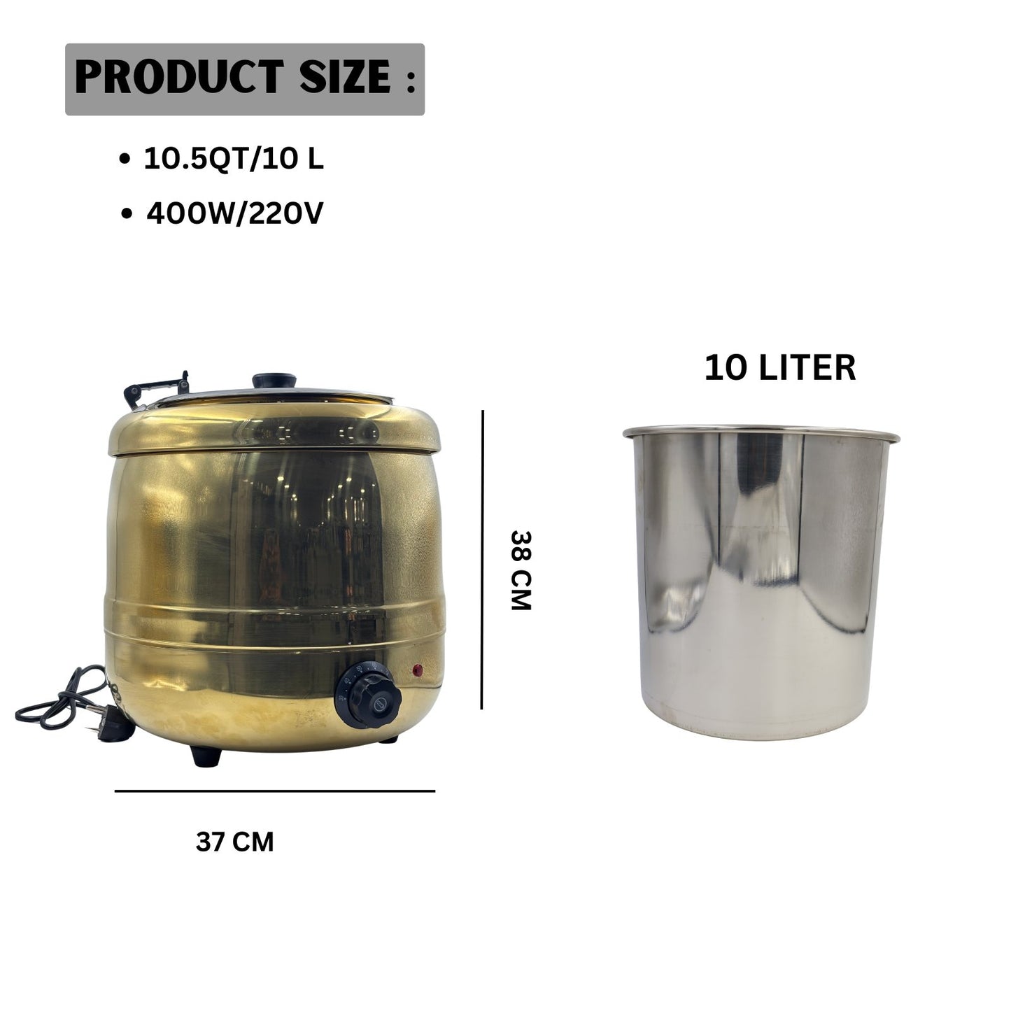 Gurubhai Equipments Electric Golden Soup Kettle Warmer, 10 Liter, Soup Warmer, Golden Soup Tureen for Catering, Restaurants and Buffets Businesses, Ideal for Keeping Soups and Stews Warm