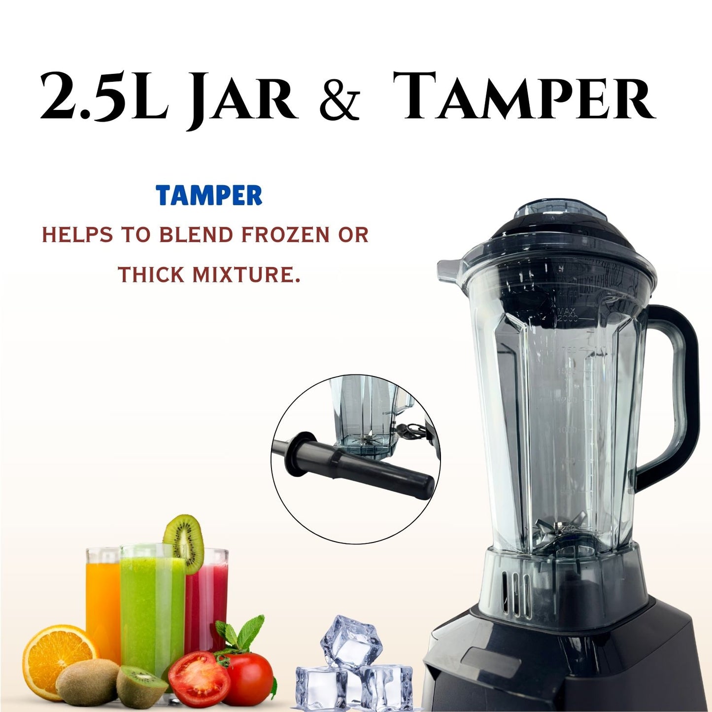 Gurubhai Equipments Commercial Blender/Grinder/Mixer, 2200W, 2.5 Litres BPA Free Jar, High Power & Speed Blender, 100% Copper Motor 28000 RPM, Pulse & Timer