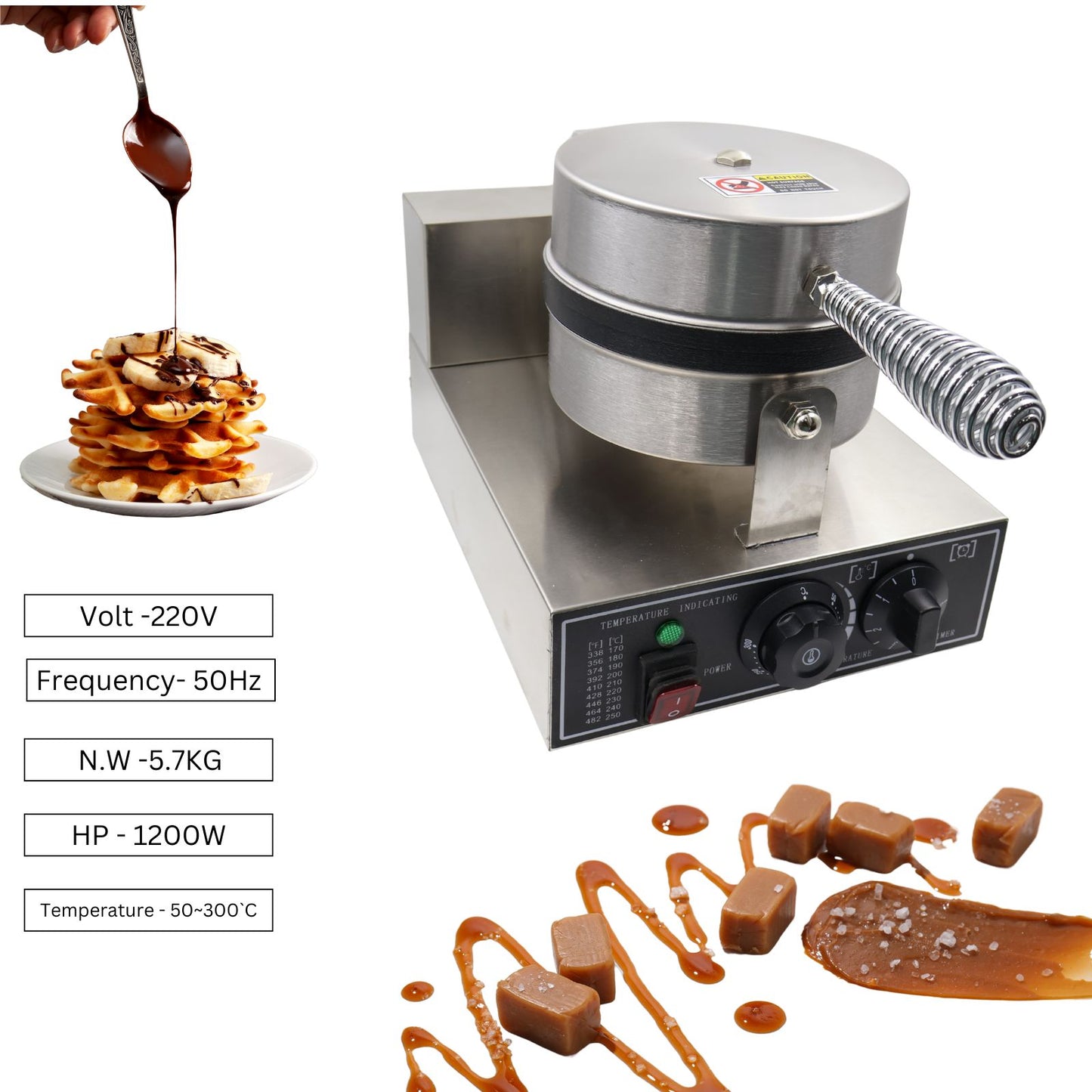 Gurubhai Equipments 1200W Belgian Waffle Maker, Round Non-Stick Waffle Iron with Time Control, Teflon-Coated Pan, Stainless Steel Body – 220V