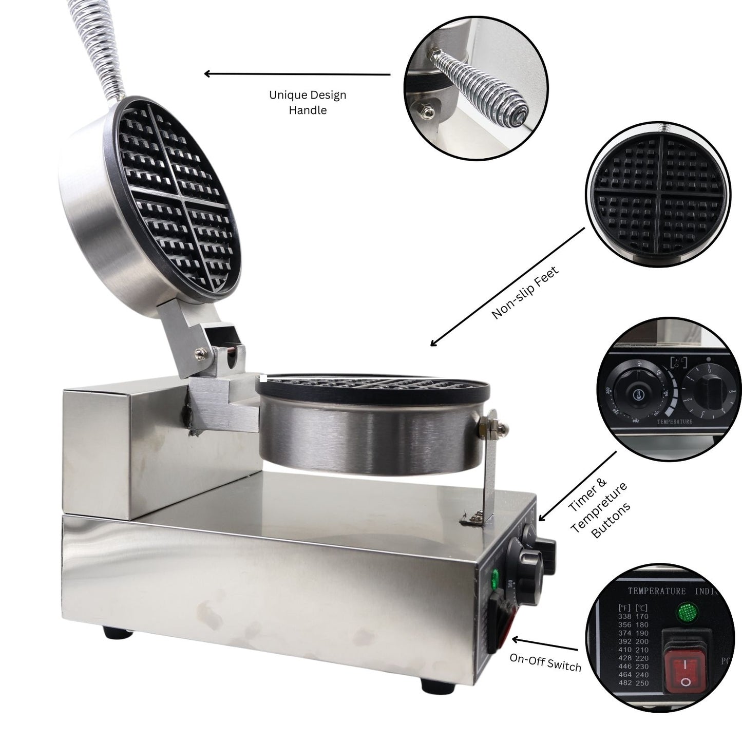Gurubhai Equipments 1200W Belgian Waffle Maker, Round Non-Stick Waffle Iron with Time Control, Teflon-Coated Pan, Stainless Steel Body – 220V