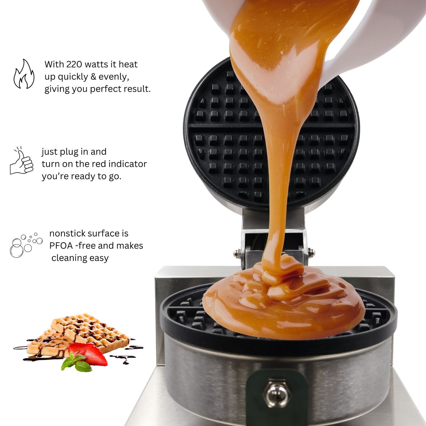 Gurubhai Equipments 1200W Belgian Waffle Maker, Round Non-Stick Waffle Iron with Time Control, Teflon-Coated Pan, Stainless Steel Body – 220V