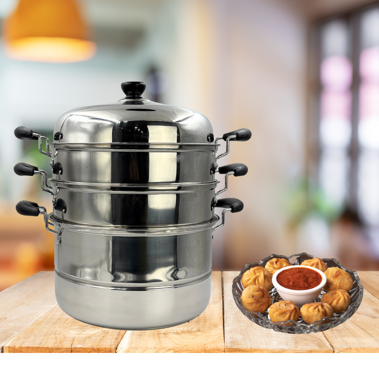 Gurubhai Equipments Stainless Steel 3-Tier Steamer With Lid 30cm – Multipurpose Steamer for Vegetables, Momos, Modak & Rice | Induction & Gas Compatible, Durable Food Steamer (Silver)