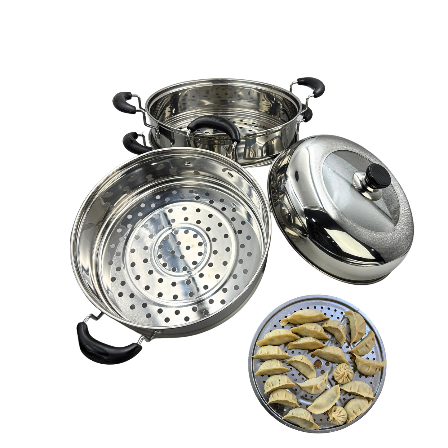 Gurubhai Equipments Stainless Steel 3-Tier Steamer With Lid 30cm – Multipurpose Steamer for Vegetables, Momos, Modak & Rice | Induction & Gas Compatible, Durable Food Steamer (Silver)