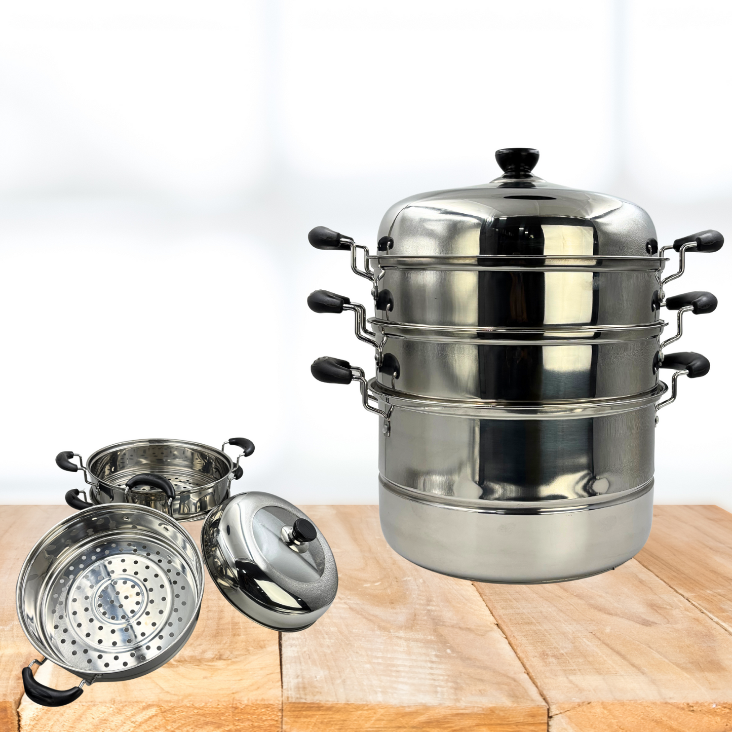 Gurubhai Equipments Stainless Steel 3-Tier Steamer With Lid 30cm – Multipurpose Steamer for Vegetables, Momos, Modak & Rice | Induction & Gas Compatible, Durable Food Steamer (Silver)