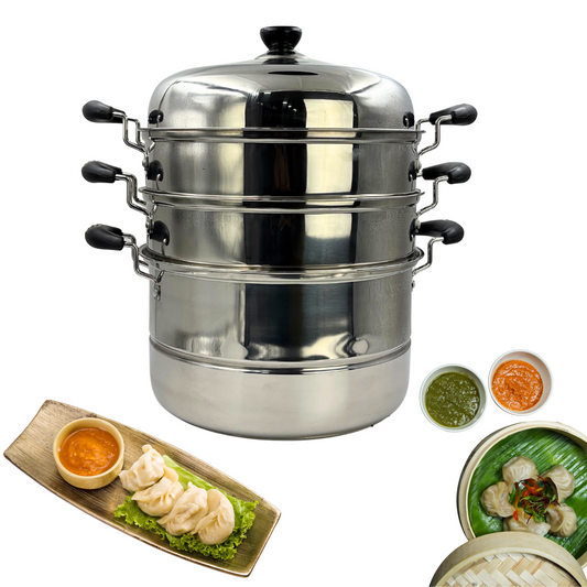 Gurubhai Equipments Stainless Steel 3-Tier Steamer With Lid 30cm – Multipurpose Steamer for Vegetables, Momos, Modak & Rice | Induction & Gas Compatible, Durable Food Steamer (Silver)