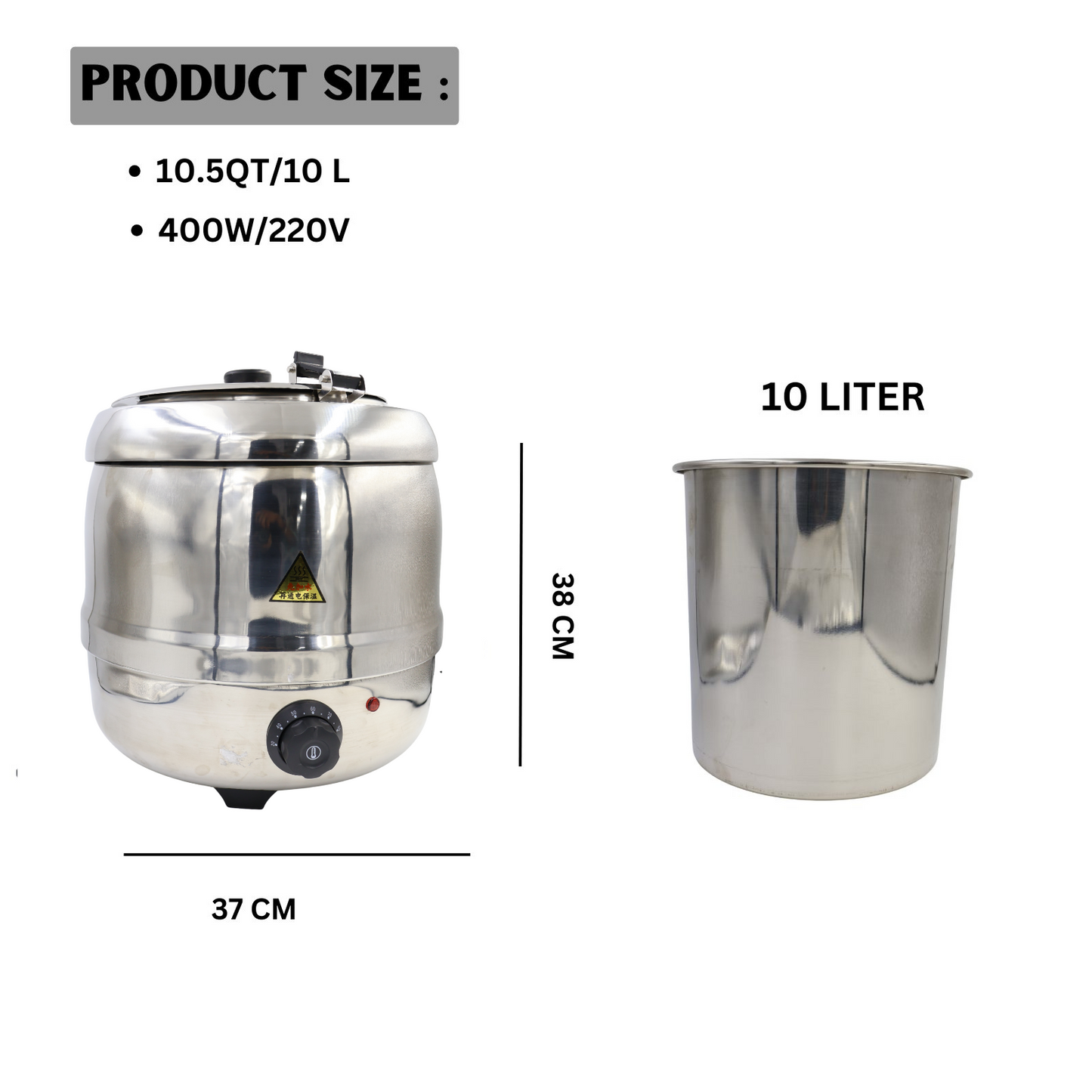 Gurubhai Equipments Stainless Steel Soup Kettle Warmer, 10 liter, Soup Warmer, SS Soup Tureen for Catering, Soup Heater, Restaurants and Buffets Businesses, Ideal for Keeping Soups and Stews Warm